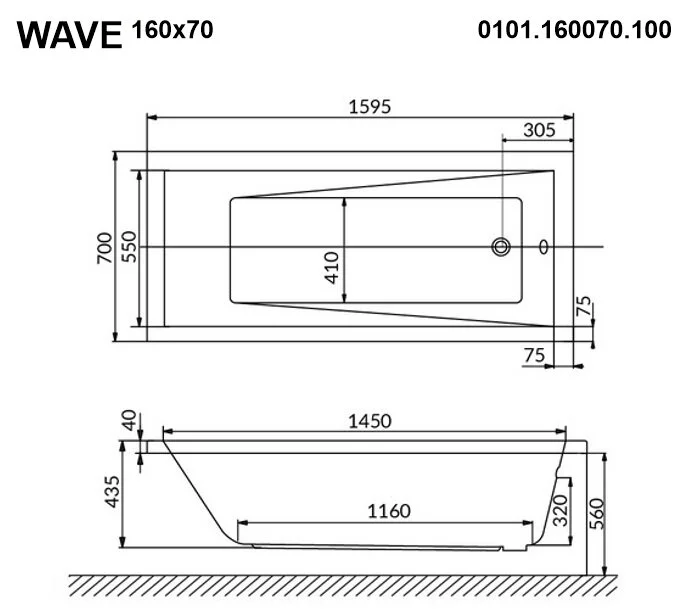 Акриловая ванна Whitecross Wave 0101.160070.100.LINENANO.CR хром, белый