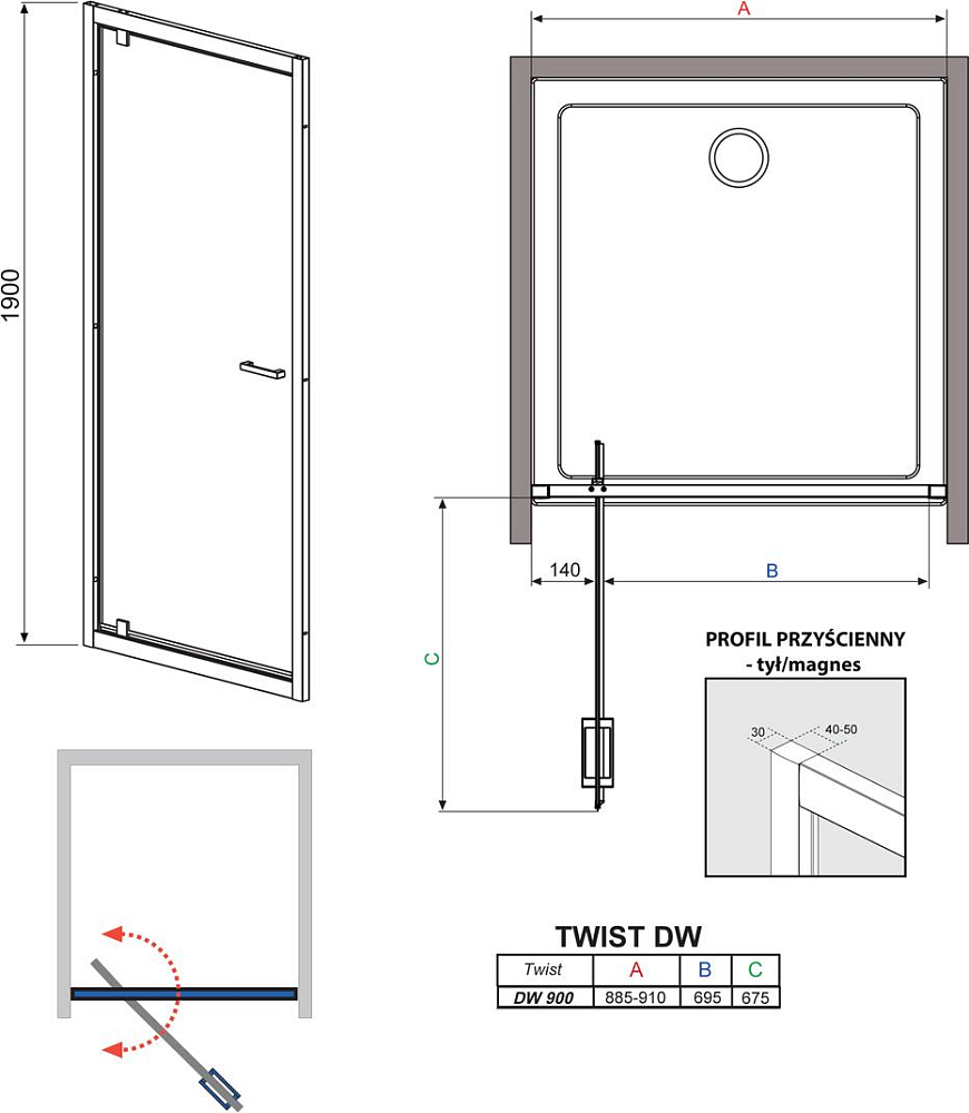 Душевая дверь в нишу Radaway Twist 90 прозрачное стекло