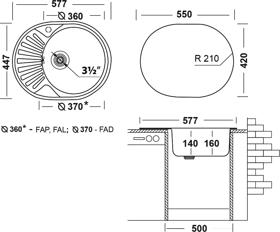 Комплект Мойка кухонная Domaci Равенна Rite DFA 577*447 (6) R1TG R + Смеситель