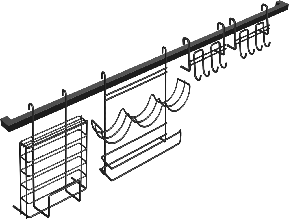 Комплект Рейлинг Domaci Феррара D20957 100, черный муар + Держатель D21349 для приправ и полотенца, черный муар + Держатель D21357 для ножей и досок, черный муар + Держатель D21361 с крючками, черный муар + Держатель D21361 с крючками, черный муар