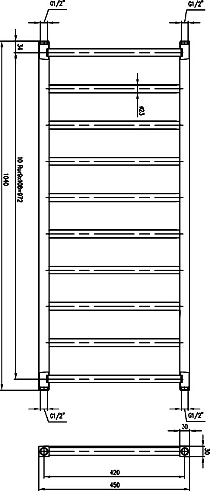 Полотенцесушитель водяной Zehnder Stalox STXI-100-045 нержавеющая сталь