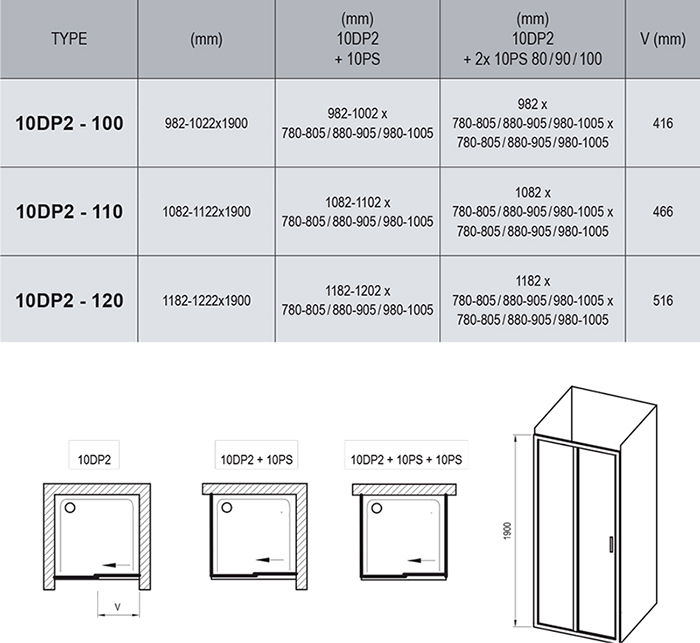 Душевой уголок Ravak 10° 10DP2-110+10PS-100 блестящий+транспарент