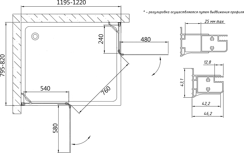 Душевой уголок Vegas Glass AFA-F 120*80 05 01 L профиль бронза, стекло прозрачное