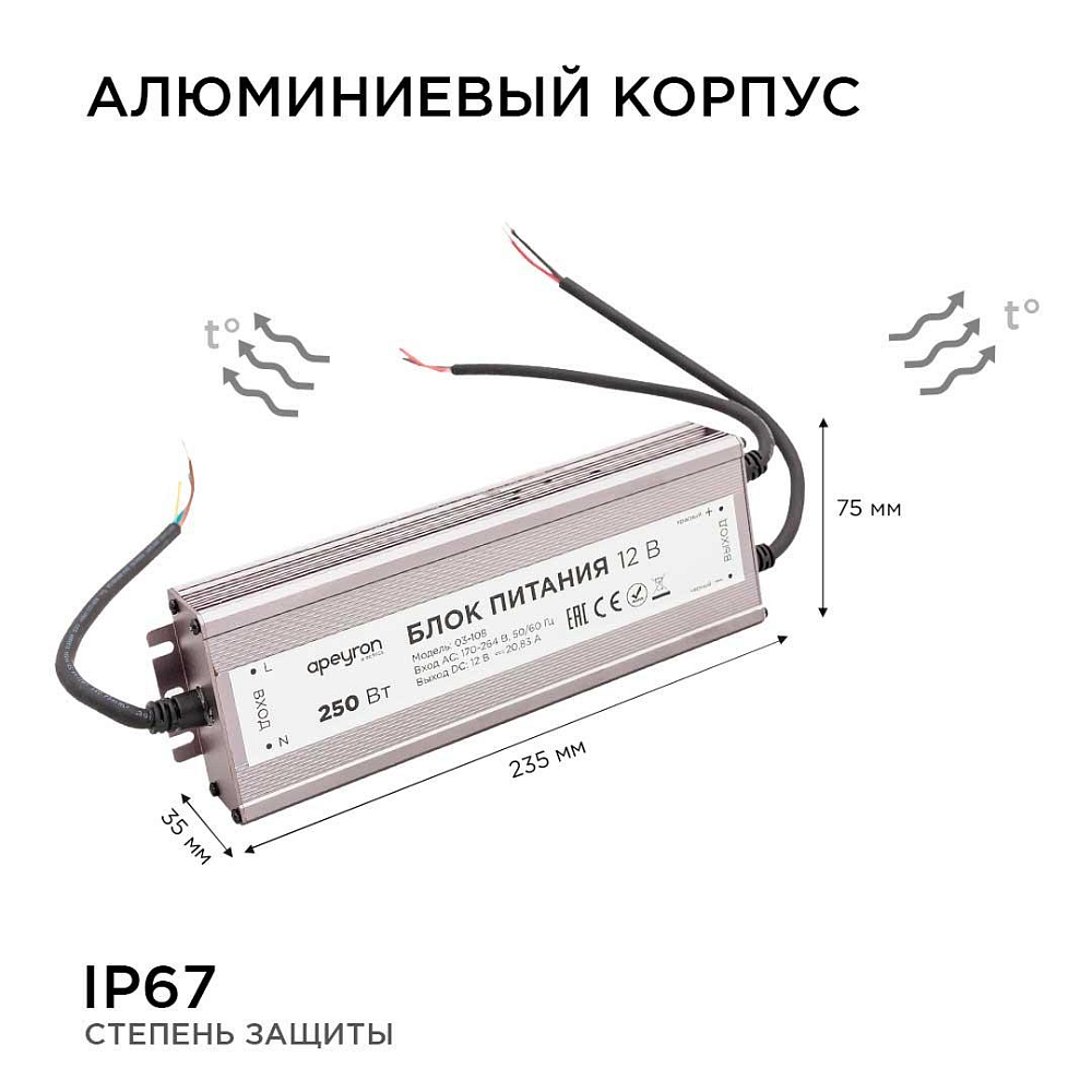 Блок питания Apeyron 12V 250W IP67 20,83A 03-108