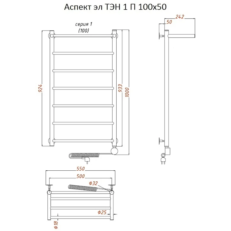 Полотенцесушитель электрический Тругор Аспект серия 1 Аспект1/элТЭН10050П хром