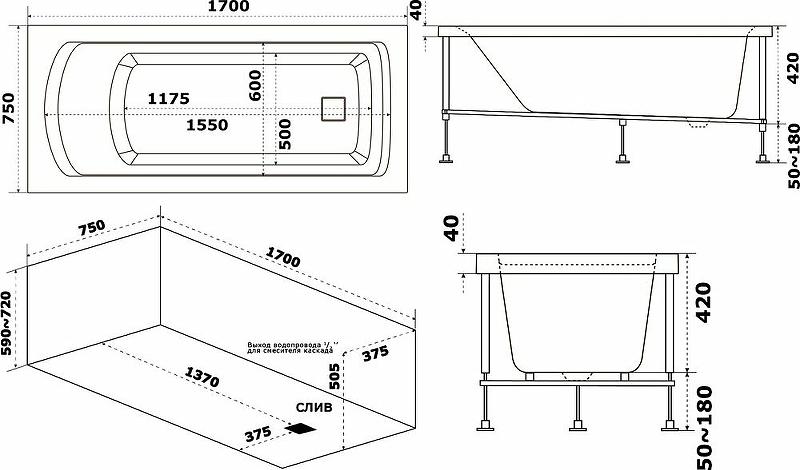 Акриловая ванна Bas Аякс 170x75 В00131 с каркасом, белый