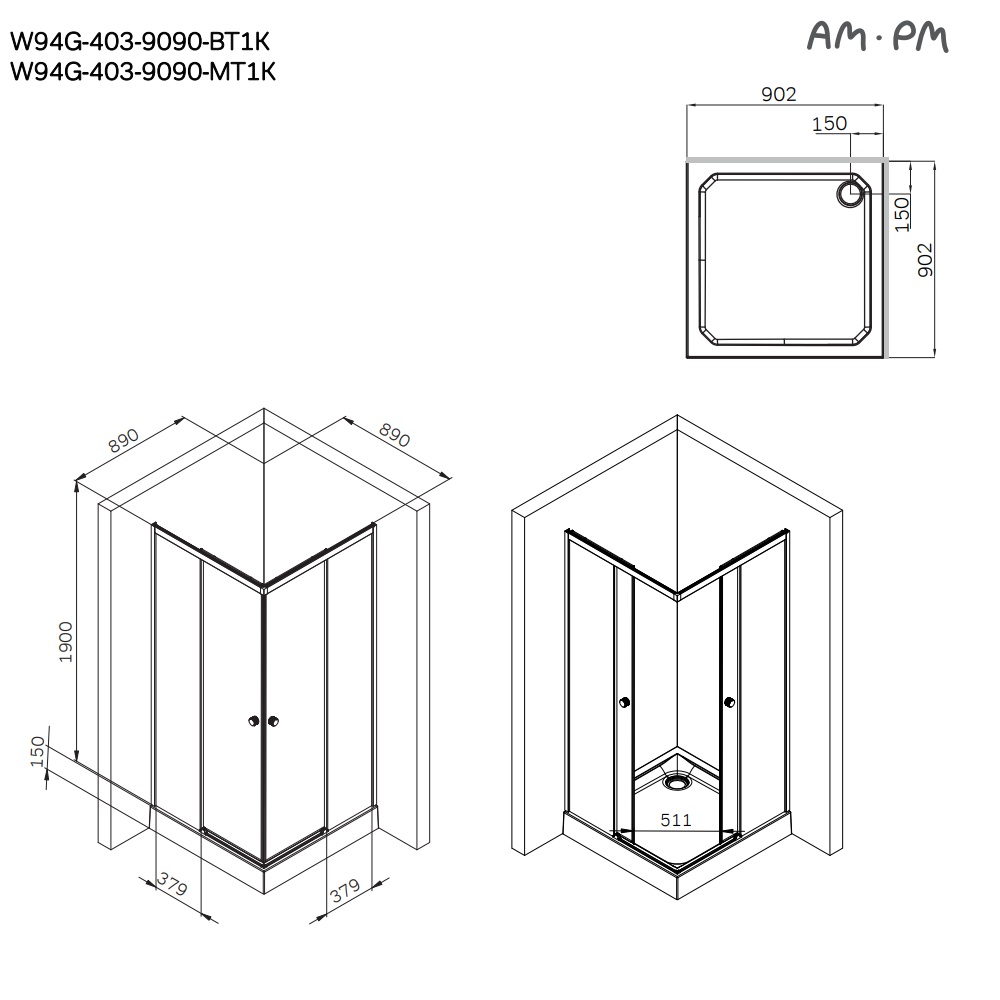 Душевой уголок 90x90 AM.PM X-joy W94G-403-9090-МТ1К стекло прозрачное, профиль хром матовый