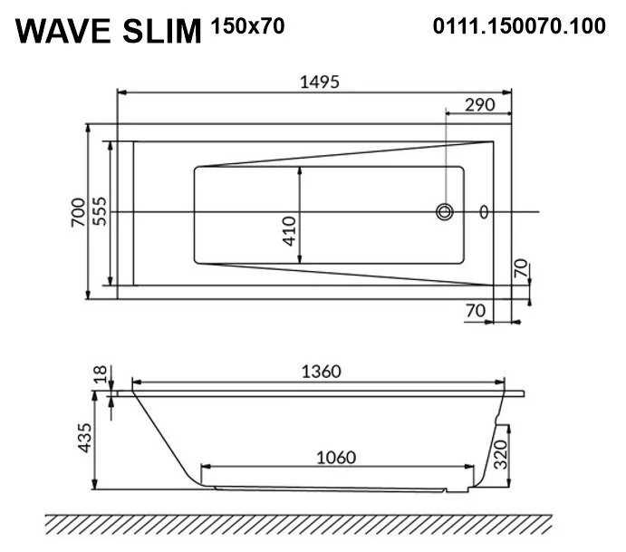 Акриловая ванна Whitecross Wave Slim 0111.150070.100.LINENANO.CR хром, белый