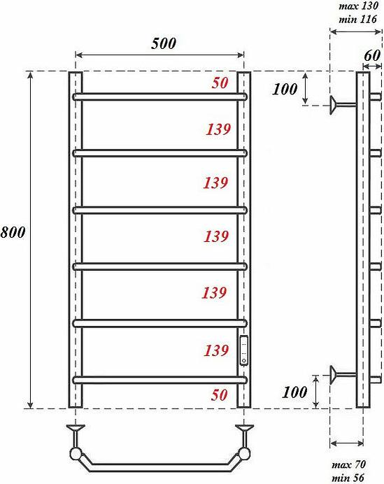 Полотенцесушитель электрический Point PN06858 П6 500x800 диммер справа, хром