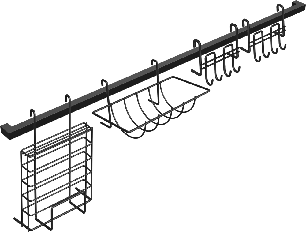 Комплект Рейлинг Domaci Феррара D20957 100, черный муар + Держатель D21359 для бумажных полотенец, черный муар + Держатель D21357 для ножей и досок, черный муар + Держатель D21361 с крючками, черный муар + Держатель D21361 с крючками, черный муар