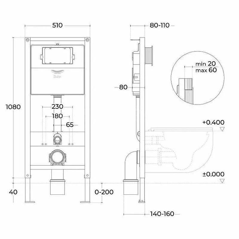 Комплект SIN-CCI-SMP-101,SIN-FB-BSC-503,SIN-TS-EVI-151: инсталляция SinteSi CCI-SMP-101 с подвесным безободковым унитазом SinteSi EVI, клавиша хром