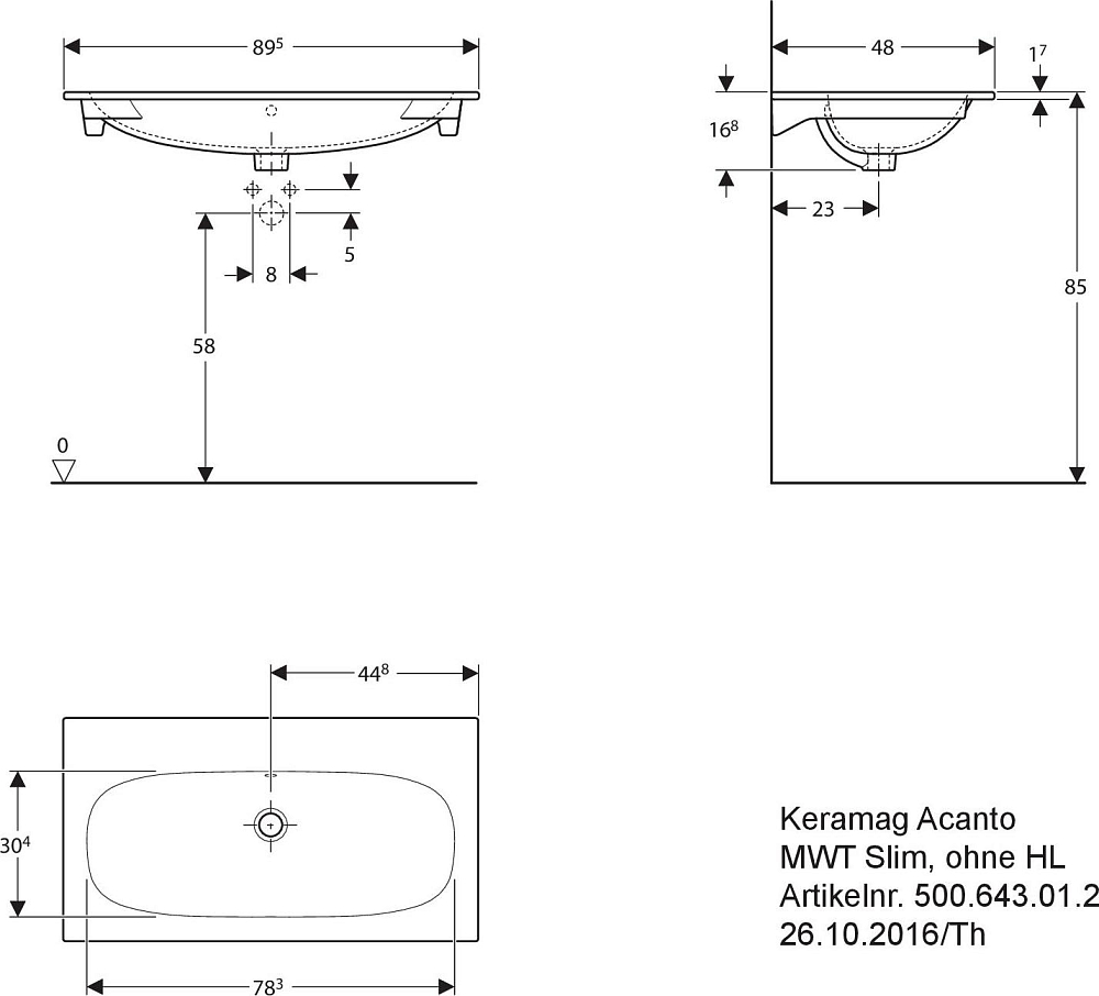 Раковина 90 см Geberit (Keramag) Acanto Slim 500.643.01.8, белый