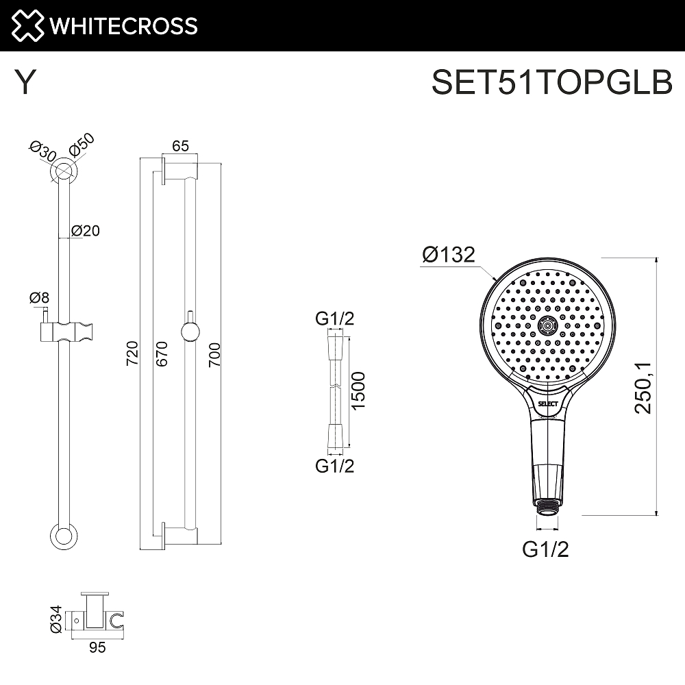 Душевой гарнитур Whitecross SET51TOPGLB золото брашированное