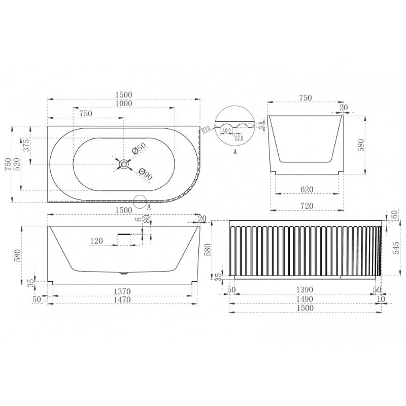 Акриловая ванна Abber 150х75 AB9412-1.5 R белый