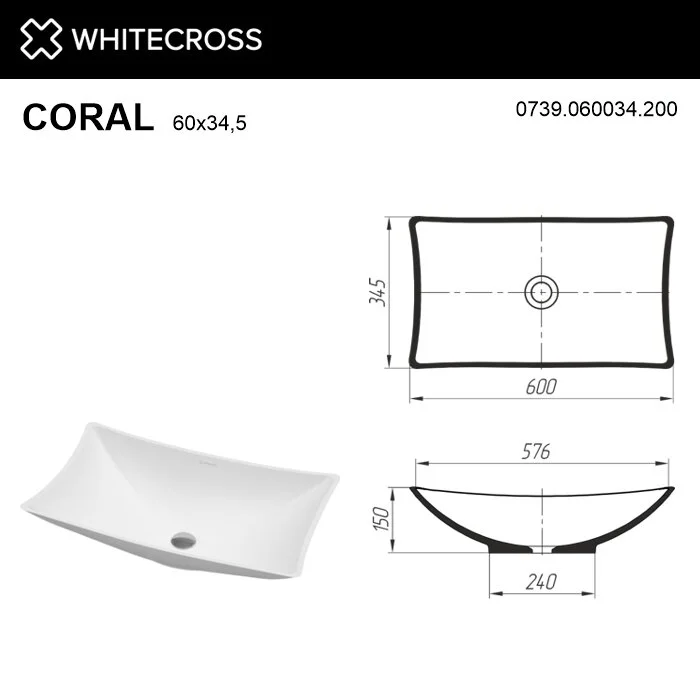 Умывальник Whitecross Coral 60x34.5 739060034200 белый матовый