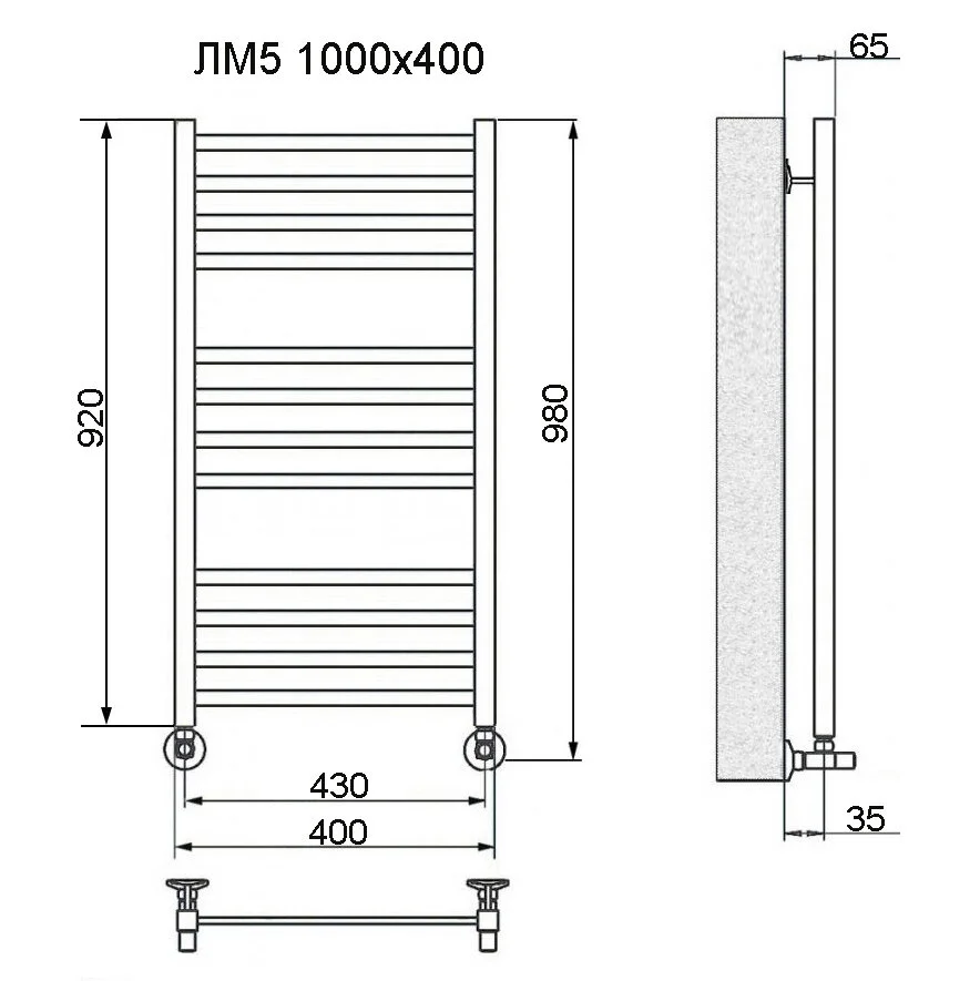 Полотенцесушитель водяной Ника Modern ЛМ 5 100/40 RAL9005 черн мат с вентилями черный