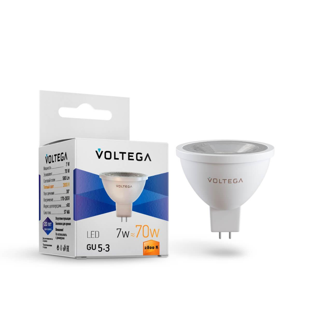 

Лампа светодиодная Voltega GU5.3 7W 2800К прозрачная 7062, Simple
