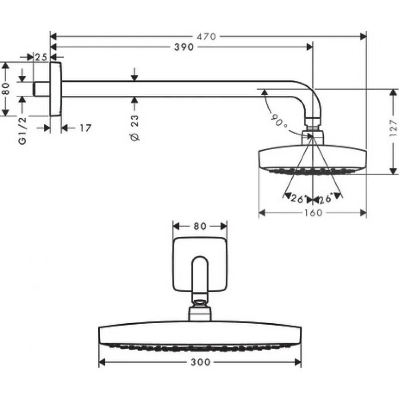 Верхний душ Hansgrohe Select E, 30 х 16 см, EcoSmart, 2 режима струи, с держателем, хром, 26609000