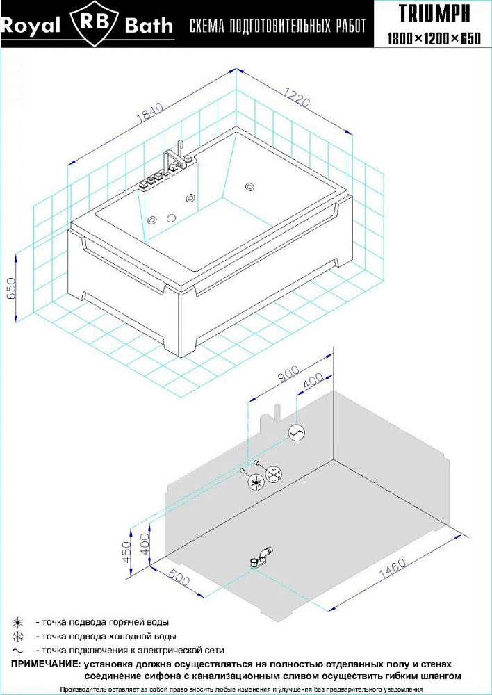 Акриловая ванна Royal Bath Triumph De luxe 180х120 см RB665100DL с гидромассажем