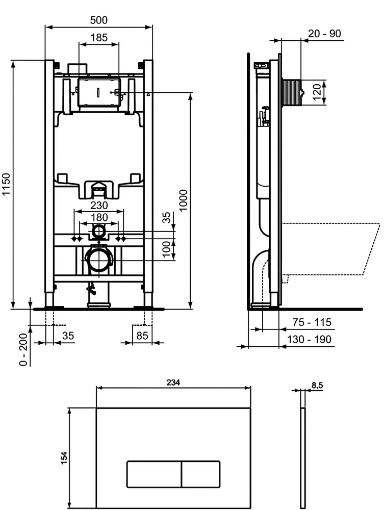 Инсталляция Ideal Standard ProSys 2.0 с унитазом Stworki Стокгольм R046367/63428/R0121A6 Clean On DPL EO slim 63428, крышка микролифт, клавиша черная