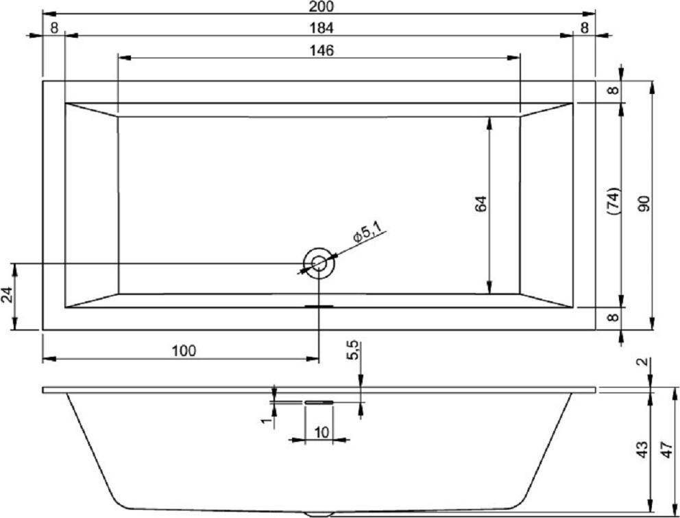 Акриловая ванна Riho Rething Cubic 200x90 см, заполнение через перелив, белая глянцевая, BR12C0500000000