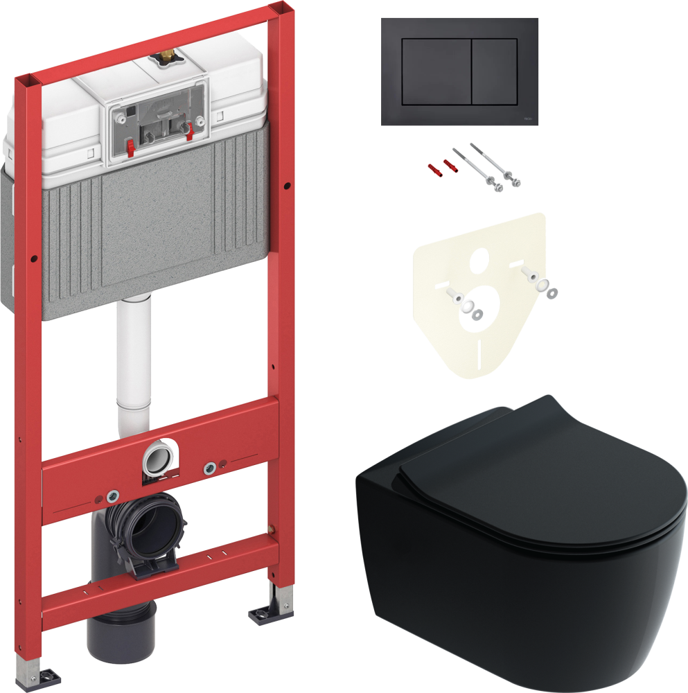Комплект Унитаз подвесной STWORKI Ноттвиль SETK3104-2616 безободковый, с микролифтом, черный + Инсталляция TECE Now 9400414 4 в 1 с кнопкой смыва