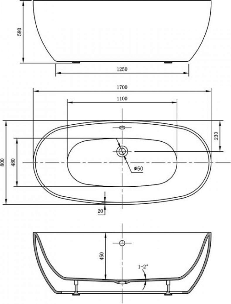 Акриловая ванна Vincea VBT-405-1700MB, слив-перелив в комплекте, черный матовый