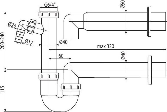 Сифон для кухонной мойки AlcaPlast A81-DN40 с подводкой для подключения стиральной или посудомоечной машины