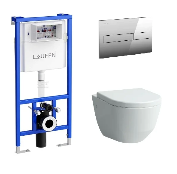 Инсталляция Laufen с безободковым унитазом Laufen Pro Rimless 8209650000001, сиденье микролифт клавиша хром, комплект