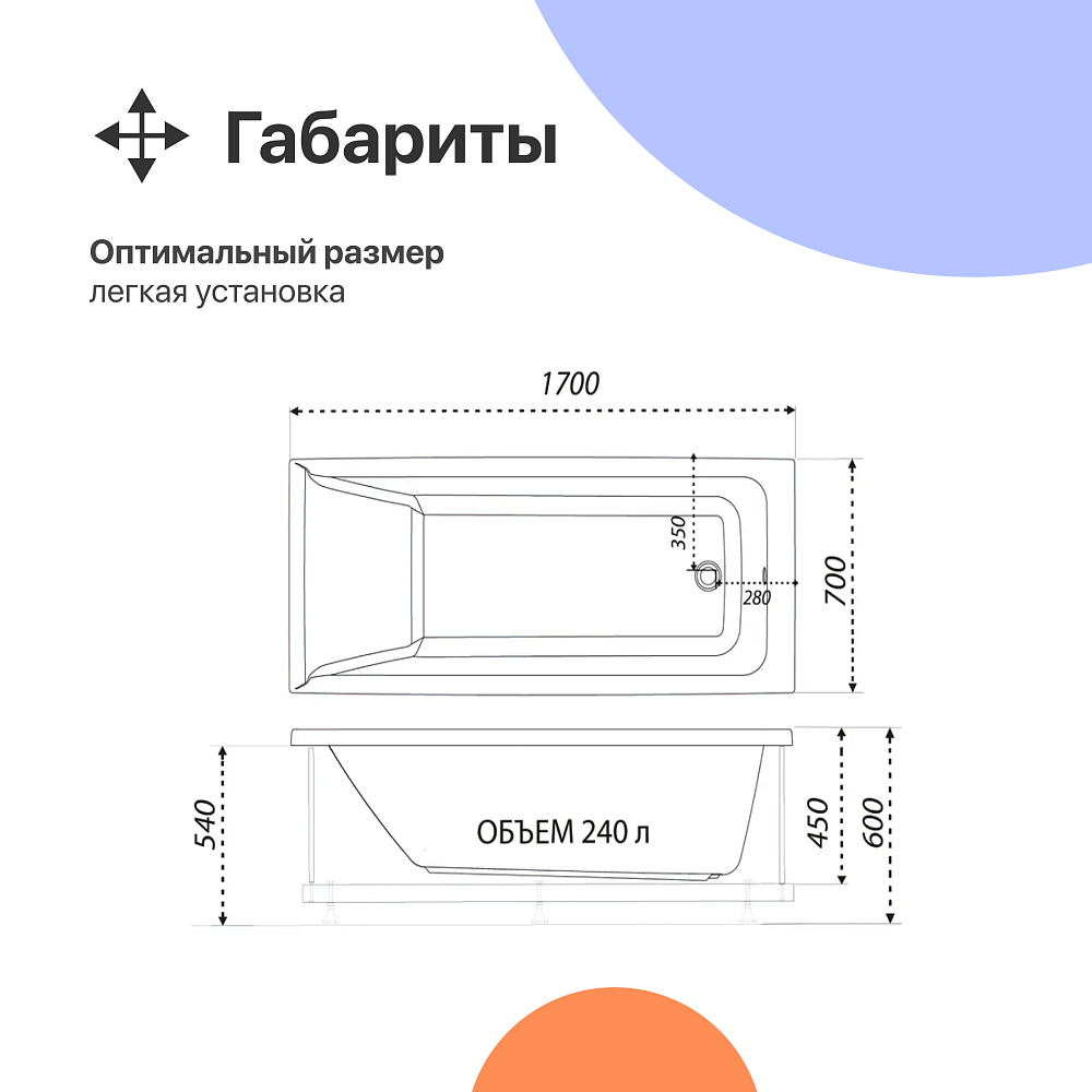 Акриловая ванна DIWO Переславль 170x70 см, с ножками