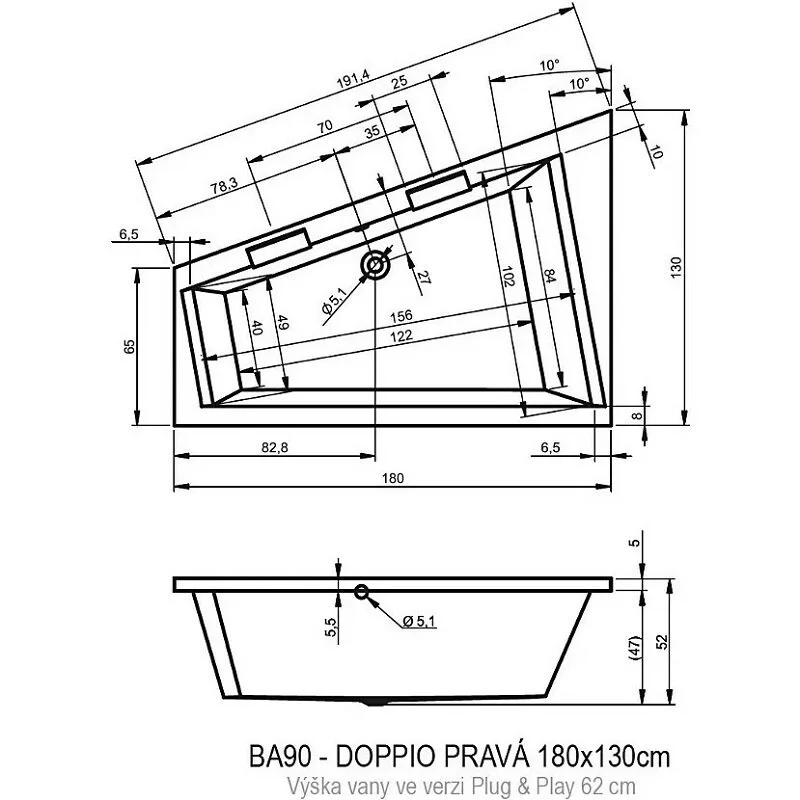 Акриловая ванна Riho Doppio B034009005 белый