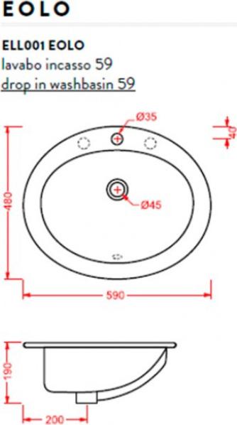 Раковина 59 см the.artceram ELL001 01 00 bi*1