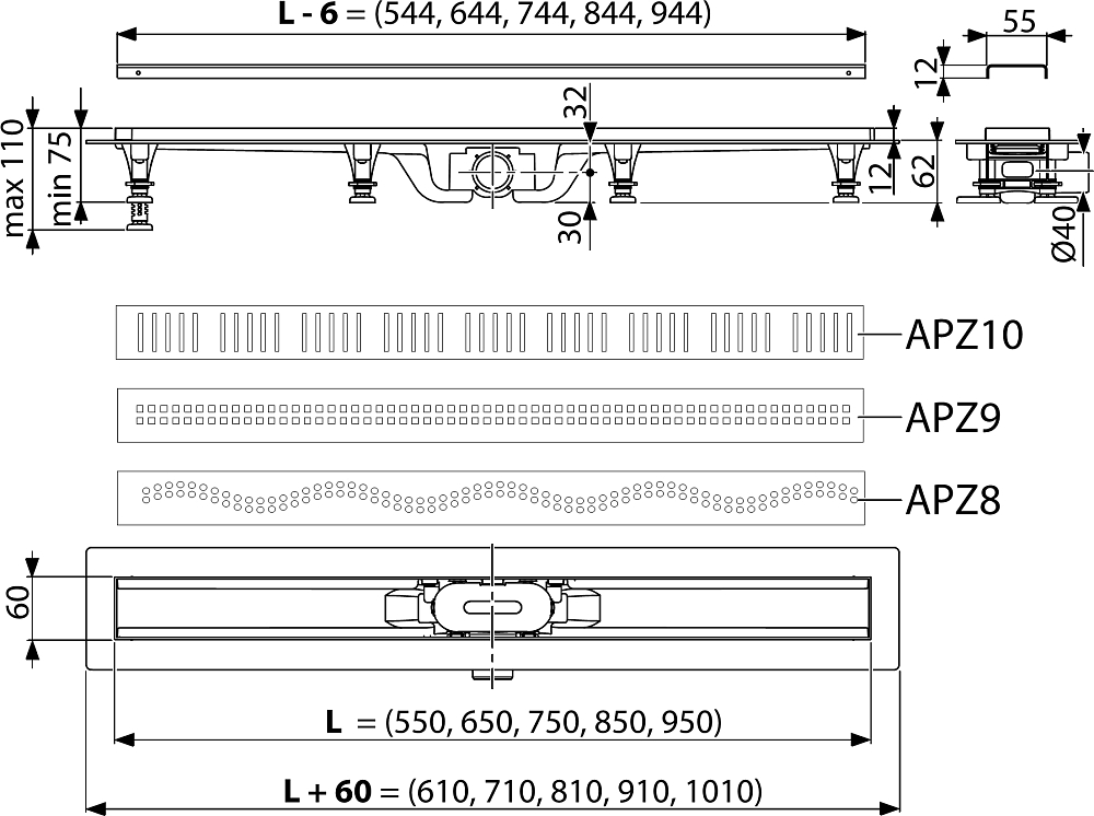 Душевой лоток AlcaPlast APZ10-Simple 550 с решёткой и опорами