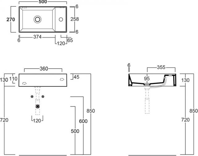 Раковина подвесная Simas Agile AG50 cemento matt*1 50х27 см, правая , под смеситель, cemento matt