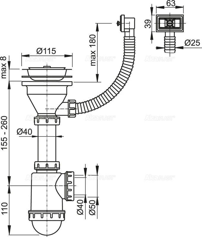 Сифон для кухонной мойки AlcaPlast A447-DN50/40 белый