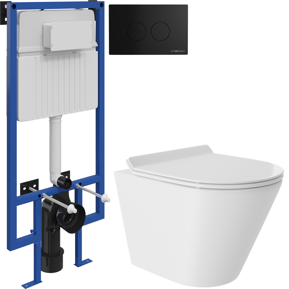 Комплект Унитаз подвесной Aqueduto Cone Tornado CONT0110 безободковый, с микролифтом, белый матовый + Инсталляция STWORKI + Кнопка Хельсинки 500471 черная матовая