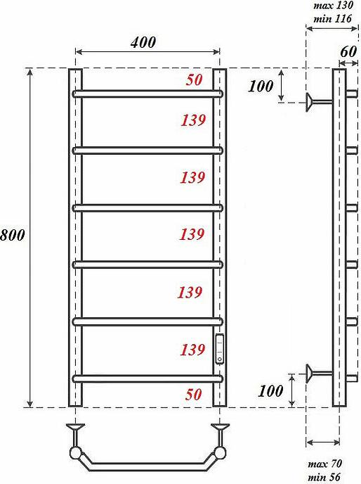 Полотенцесушитель электрический Point PN06848 П6 400x800 диммер справа, хром