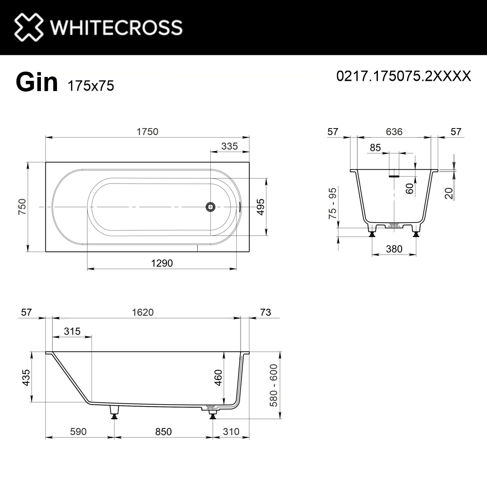 Ванна из искуственного камня Whitecross Gin 175x75 0217.175075.2XXXX белый матовый