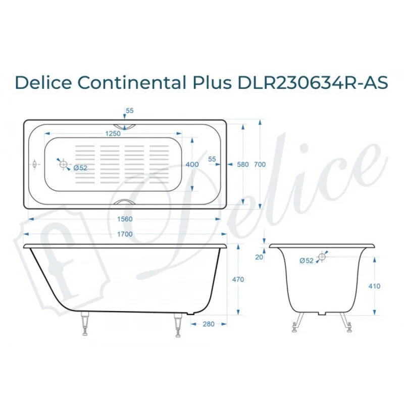 Чугунная ванна Delice Continental Plus DLR230634R-AS белый