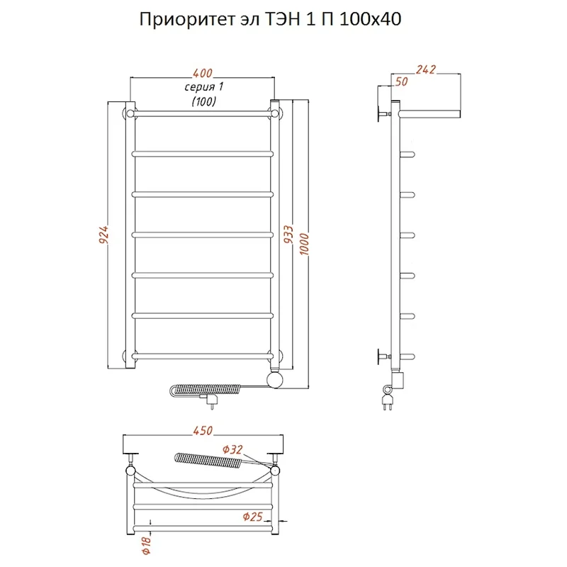 Полотенцесушитель электрический Тругор Приоритет серия 1 Приоритет1/элТЭН10040П хром