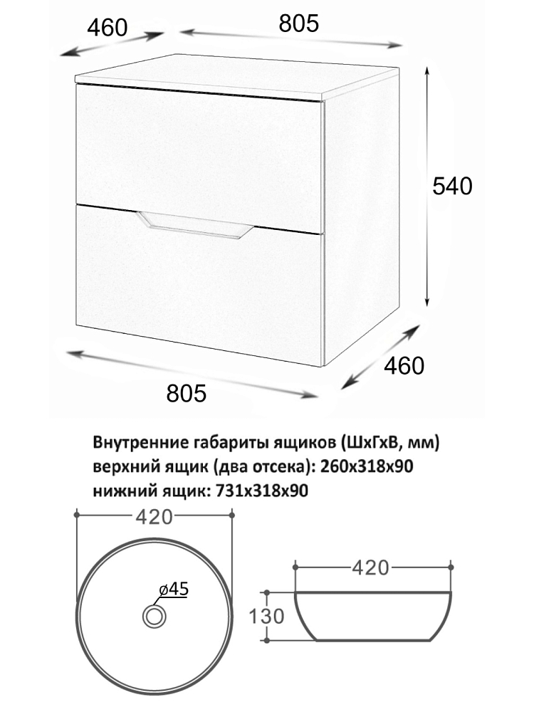 Тумба с раковиной Orange Line Li-80TuwMDF+B07-420W 80 см, белый