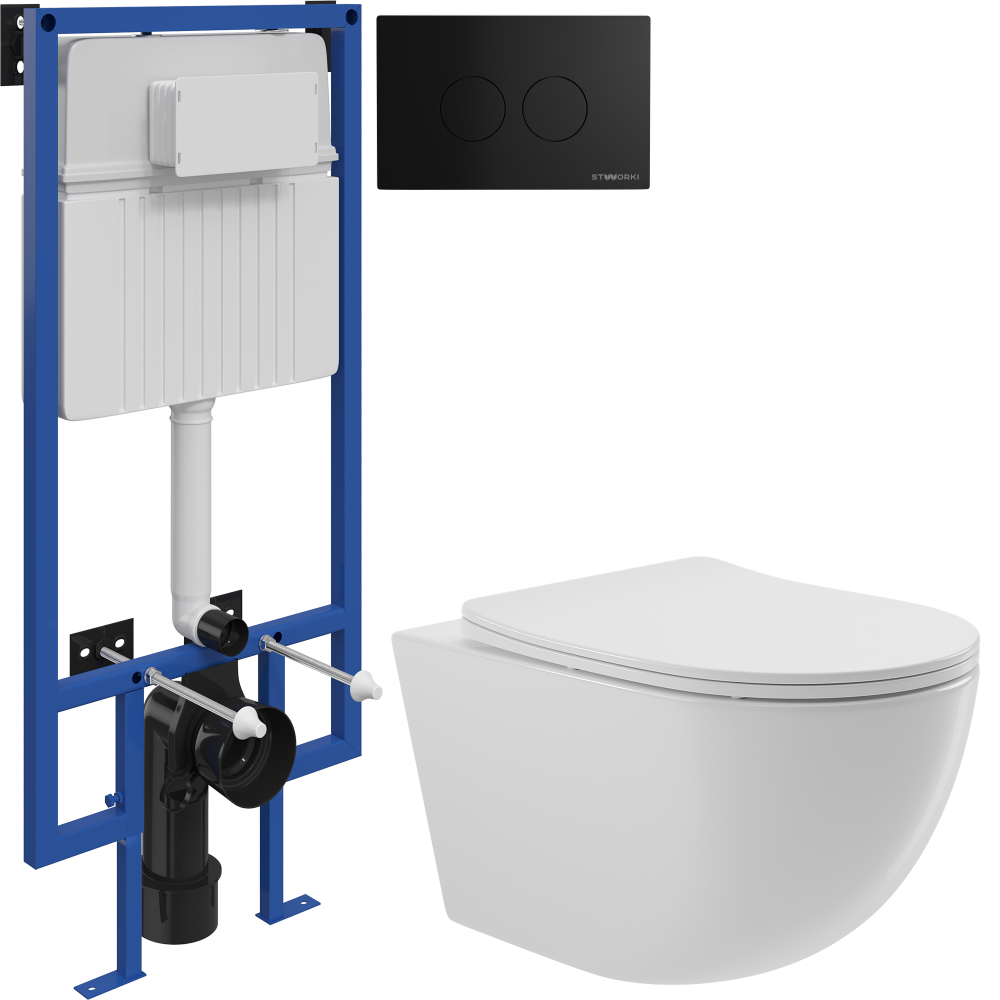 Комплект Унитаз подвесной Aqueduto Ovo OVO0110 безободковый, с микролифтом, белый глянцевый + Инсталляция STWORKI + Кнопка Хельсинки 500471 черная матовая