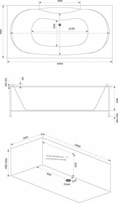 Акриловая ванна Bas Ньюлав 180x90 В 00063 с каркасом, белый