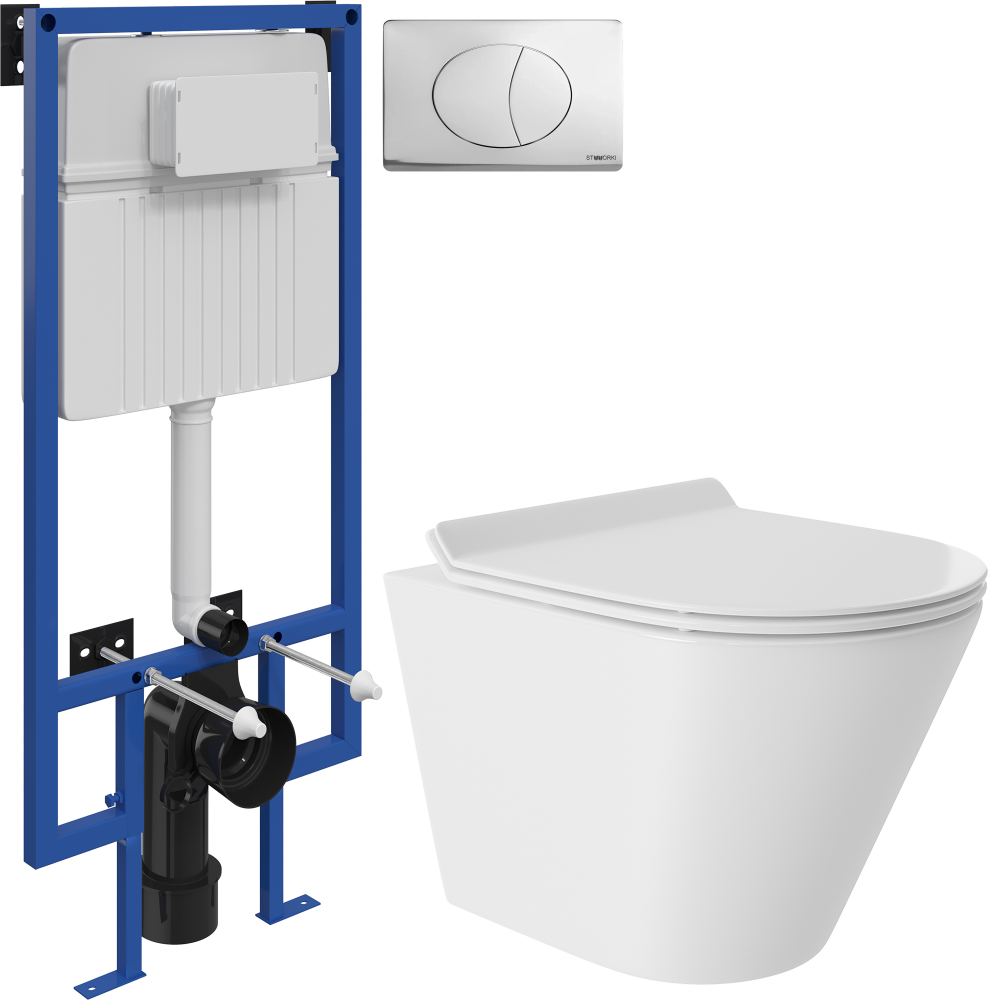 Комплект Унитаз подвесной Aqueduto Cone Tornado CONT0110 безободковый, с микролифтом, белый матовый + Инсталляция STWORKI + Кнопка 230822 хром глянцевый