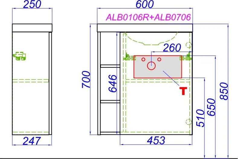 Тумба с раковиной Aqwella Alba 60 ALB0106LDD+ALB0706WM левая, дуб давос/белый матовый