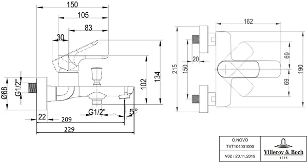 Смеситель для ванны Villeroy & Boch O.NOVO TVT10400100061