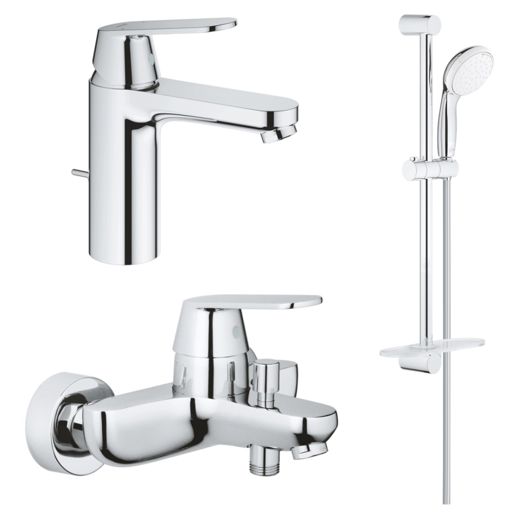 

Комплект смесителей Grohe Eurosmart Cosmopolitan 1000179 для раковины, ванны с душевым гарнитуром и полкой, хром, Eurosmart Cosmopolitan