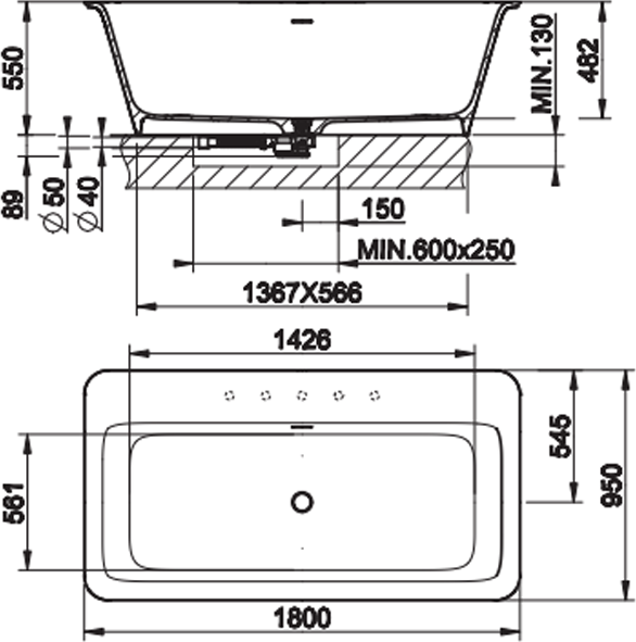 Ванна из искусственного камня Gessi Rettangolo 180х95 см 37592#800, белый матовый / RAL