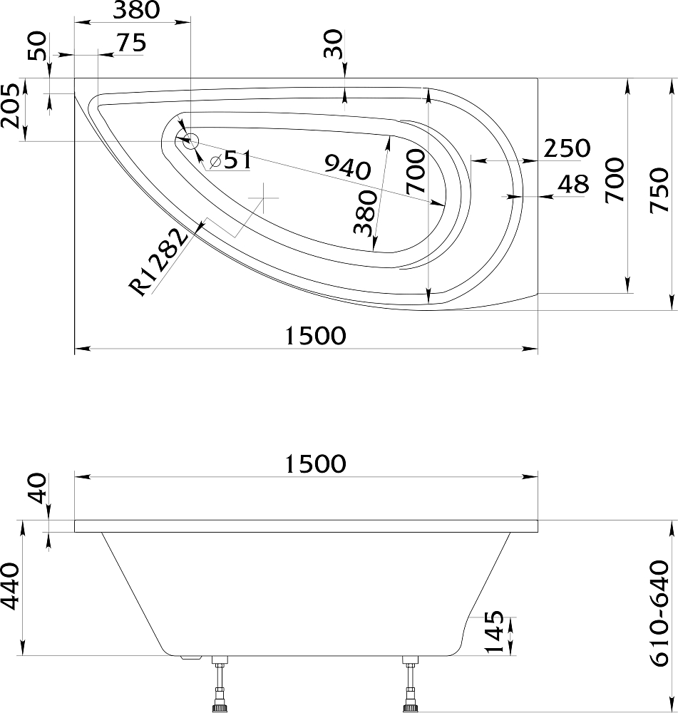 Акриловая ванна STWORKI Лунд R 150x75 см, угловая, с каркасом, асимметричная