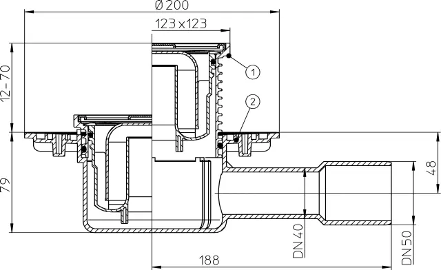 Трап канализационный Hutterer&Lechner HL510N горизонтальный, с решёткой в подрамнике 123х123мм